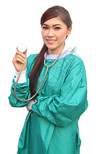使用绿色洗绿剂和听诊器的女医生外科商业保健女性女士工作头发医院护士外套图片