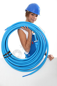 女性水管工肖像蓝色自雇厨房加热企业家浴室微笑管道工人工作图片