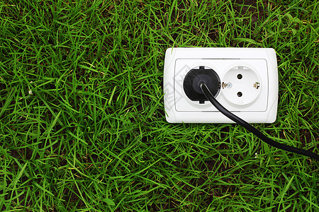 绿草背景的电动电动贮器活力资源技术生态插座电缆生物插头回收电源图片