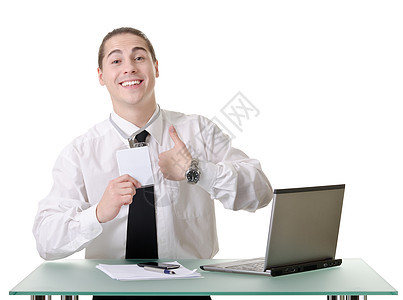 办事员肖像衬衫工作室男性仆人接待徽章秘书手掌笔记本电脑图片