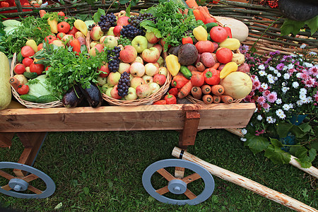 蔬菜和水果在农村市场上销售历史性车轮旅行收获草地收成鲜花历史村庄古董图片