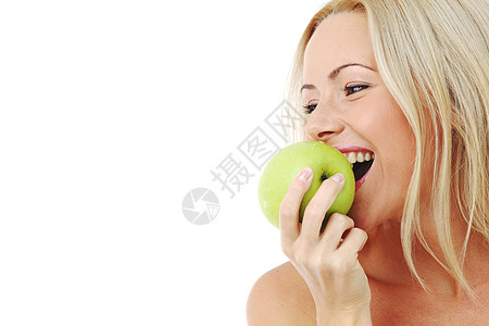 女人吃绿苹果牙医食物营养牙齿牙科生活饮食金发女性保健图片