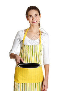 带着煎锅微笑的少女美食主妇工作室平底锅女性厨房餐厅女士烹饪妻子图片