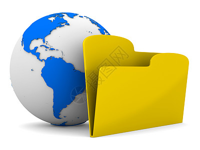 白色背景的黄色计算机文件夹和地球 孤立 3组织数据世界文档艺术办公室床单档案插图类别图片