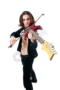 配红色吉他吉他手美丽衬衫魅力裤子个性工作室白色男性岩石音乐家图片