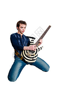 有电吉他的吉他手牛仔裤工作室喜悦黑色乐器蓝色音乐文化青年吉他图片