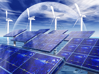风涡轮机和太阳能电池板蓝色科学技术房子绿色天空控制板电气发电机面板图片