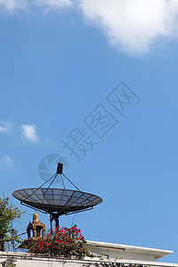 从大卫星Dish天线的垂直角度数据播送桅杆海浪天空技术信号广播电缆接待图片