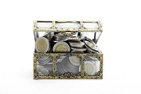 胸中装满财产 里面有钱币玻璃金属现金硬币巧克力缓存存款货币赃物宝藏图片
