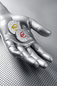 未来未来的欧元商业硬币银手宏观财富机器货币智力经济手臂手指工作技术图片