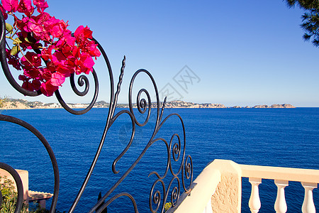 的地中海围栏天空栅栏栏杆海岸海洋假期花朵蓝色阳台旅行图片