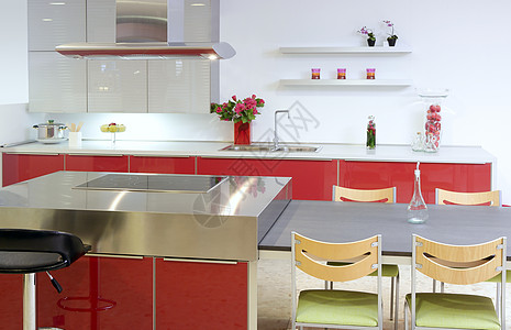 红岛厨房银银色现代内屋柜台炊具机器贮存货架奢华椅子兜帽玻璃台面图片