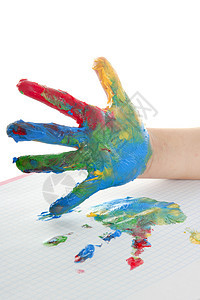 白涂着彩色孩子的手绘孩子们艺术家工艺童年学习画家绘画手指墨水打印图片