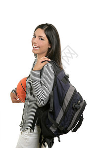 带袋球和篮球的有吸引力的学生女性女士青少年教育背包学校黑发微笑大学橙子图片