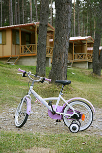 木屋山上儿童粉红色自行车图片