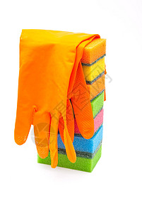 橡胶手套和厨房用海绵组织橡皮面巾乳胶洗涤剂厨具卫生房子家务用具图片