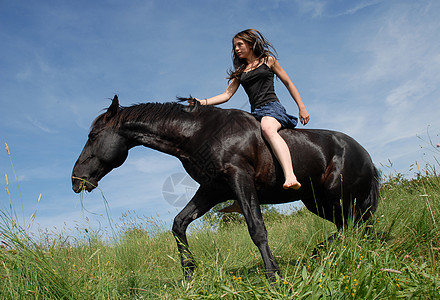 骑马女童幸福天空蓝色白色女孩场地草地运动饲养青少年图片