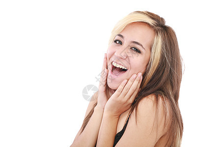 被白背景孤立的微笑妇女牙列女士化妆品假牙美丽女孩美白象牙快乐护理图片