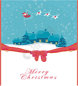 圣诞老人和冬季风景新年贺卡房子天空卡通片卡片庆典季节降雪绘画乐趣海报图片