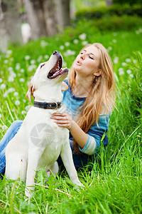 带狗的女孩闲暇草地猎犬友谊花朵拥抱公园女士乐趣喜悦图片