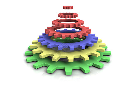 3d 四色齿轮计算机工程合作车轮技术力量商业领导力学引擎图片