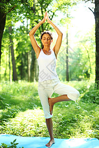 太阳日出公园树木瑜伽女孩娱乐冥想专注成人女士运动图片