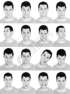 成年男子的面容表达方式是复合混合黑白快乐焦虑眉头乐趣艺术家愤怒表演悲伤微笑男人图片