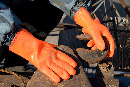 橙色手套建造职业男人建筑商业工具棕榈乳胶作品工人图片