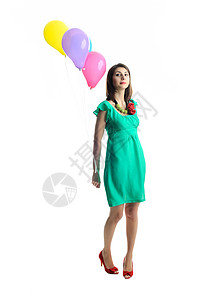 有气球的年轻女子成人女士派对礼物头发蓝色红色黄色工作室生日图片