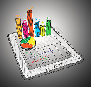 显示带有图表的电子表格的简写草图计算机平板板馅饼软垫商业经济数据项目贸易电脑网络蓝色图片