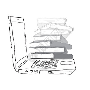 带有书籍和空白显示的笔记本电脑工作技术插图桌面图书馆机动性监视器展示教育屏幕图片