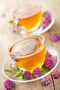 草药茶和三叶花三叶草飞碟杯子美食草本植物药品早餐玻璃餐厅饮料图片