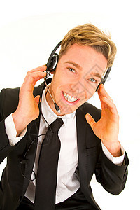 商务人士与耳机和麦克风客户服务 opearto工作职业商务夹克金发职业装微笑男人员工成人图片