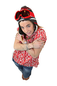 穿着滑雪帽和护目镜的冷酷年轻女人图片