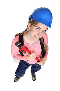 持有铁管扳手的女商务人士工具衣领角度商务辫子女士眼睛女工头盔工人图片