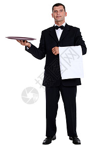 男服务员托盘套装工作室服装白色桌子招待员员工黑色酒店经验图片