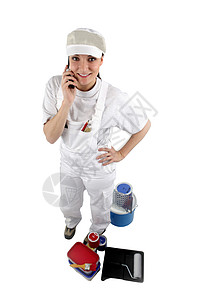 装着用品的油漆工职业补给品高角度女士劳动就业装潢改造绘画电话图片