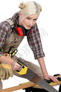 妇女锯木板蓝领馒头建设者木材衬衫格子木头牛角工具女士图片