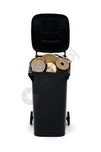 将旧欧元硬币放在白纸上的垃圾桶图片