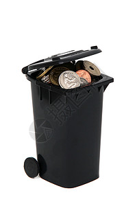 黑黑垃圾箱 欧元硬币放在白纸上图片