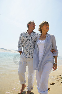 夫妇在海滩上散步反射思维男性冒充蓝色女性化海滩边界衬衫反思图片