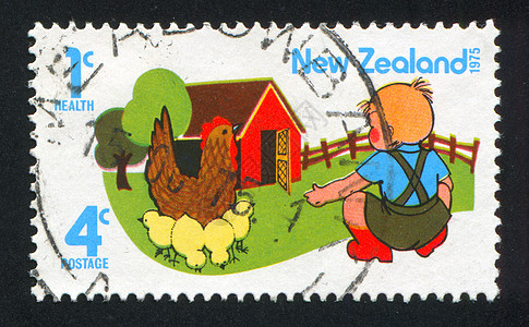 卡通明信片男孩与母鸡和小鸡背景