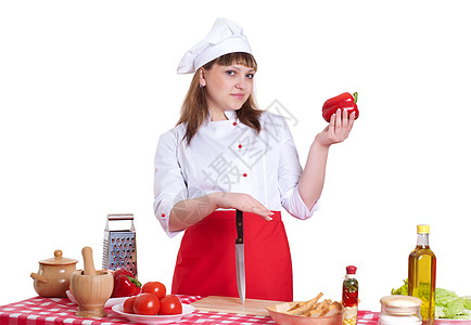 具有吸引力的女性烹饪手势厨房职业女孩主菜食物家务美食微笑服务图片