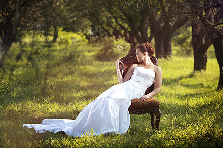美丽的新娘阳光婚礼衣服公园女性奢华树木森林女士冒充图片