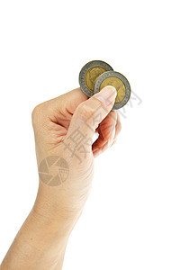 两枚10泰铢的硬币 手放在白色背景上图片