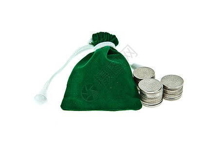 绿色天鹅绒邮袋 硬币在白色背景上隔离收益金融成功遗产金子小袋挥霍幸福丝带繁荣图片