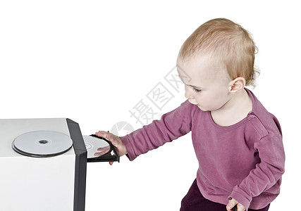 玩CD游戏的幼儿电子产品数据光盘白色婴儿儿童技术孩子图片
