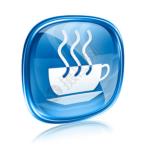 咖啡杯图标蓝色玻璃 在白色背景上隔离图片