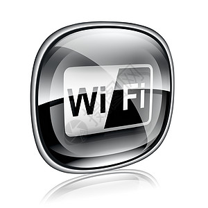 WI Fi 图标黑玻璃 在白色背景上隔离力量信号按钮正方形世界圆圈互联网上网网络播送图片