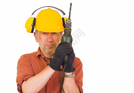 钻孔工人员工手套胡子皱纹钢铁钻头力量头盔黄色工作图片